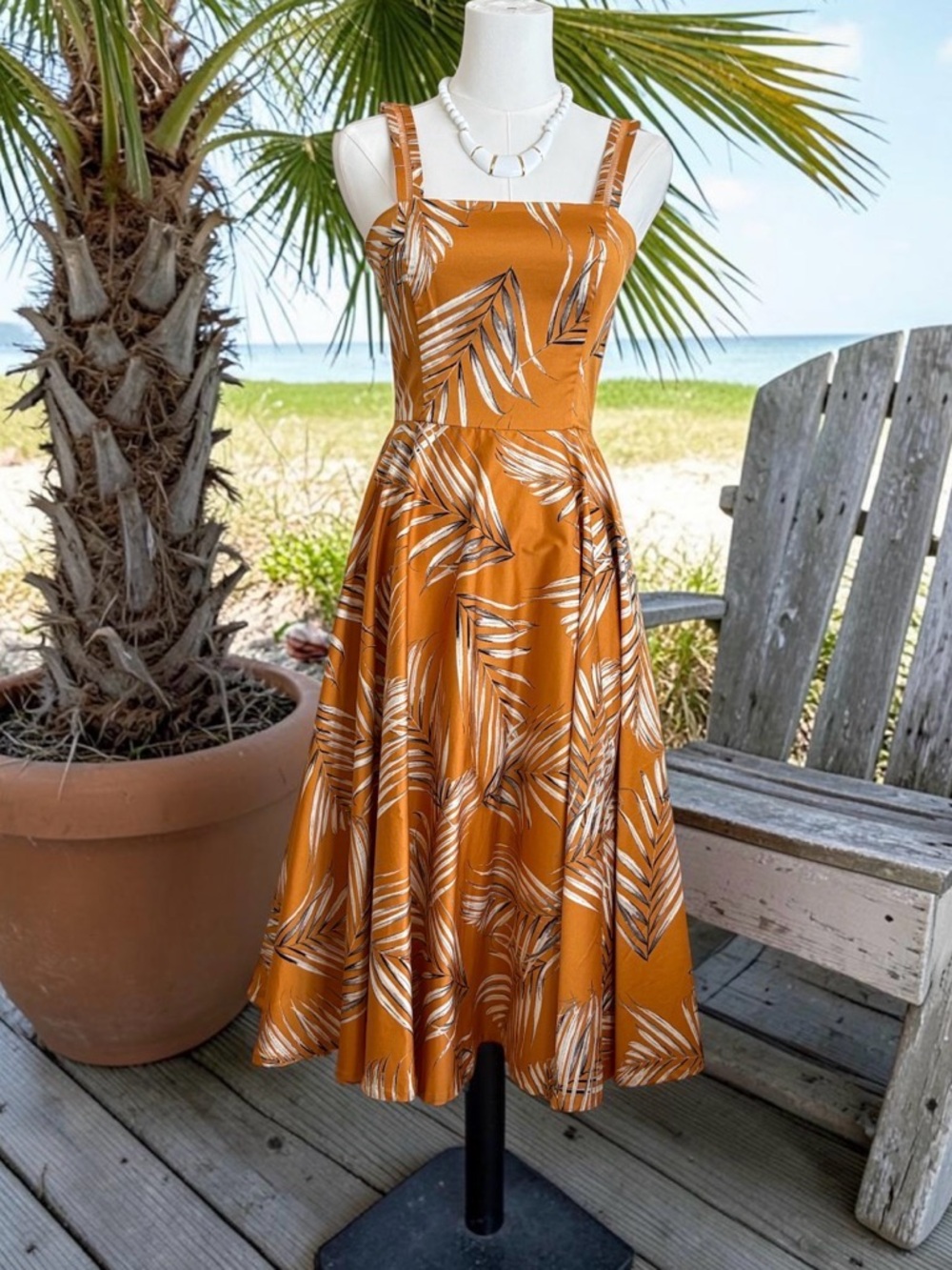 White House Black Market Mustard Palm Print Midi Dress